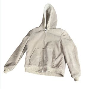 Vintage William Barry tan suede hoodie jacket with Sherpa lining Size 42 Long